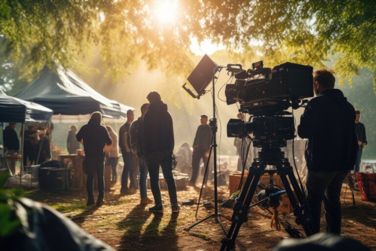 Behind the scenes of movie shooting or video production and film crew team with camera equipment at outdoor location on sunny day with flare lighting.