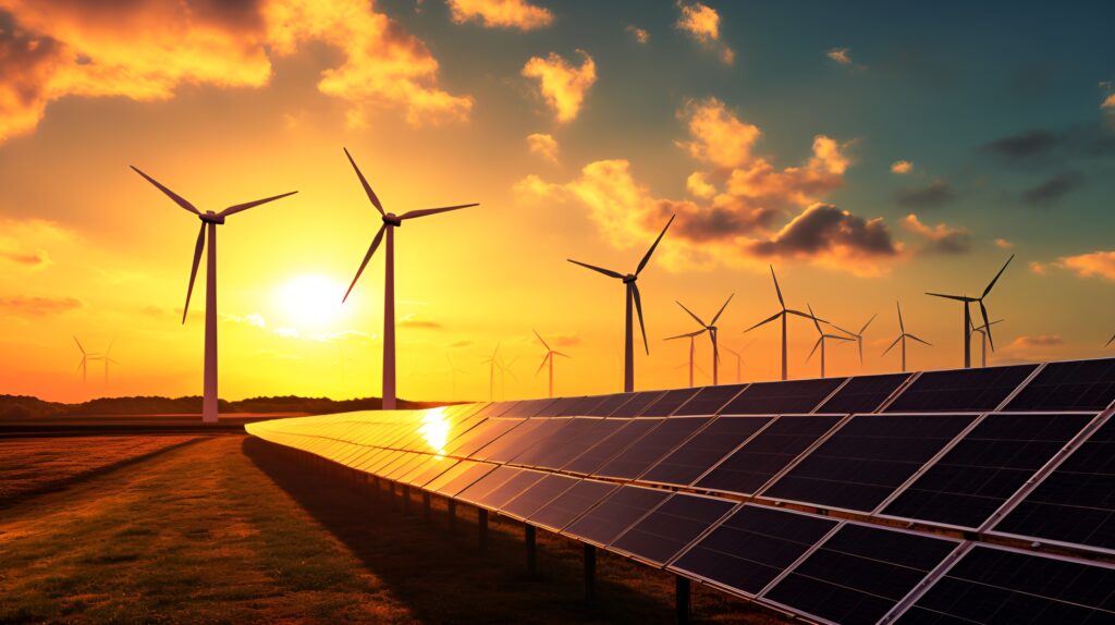Solar panels with wind turbines and wind farms in the background